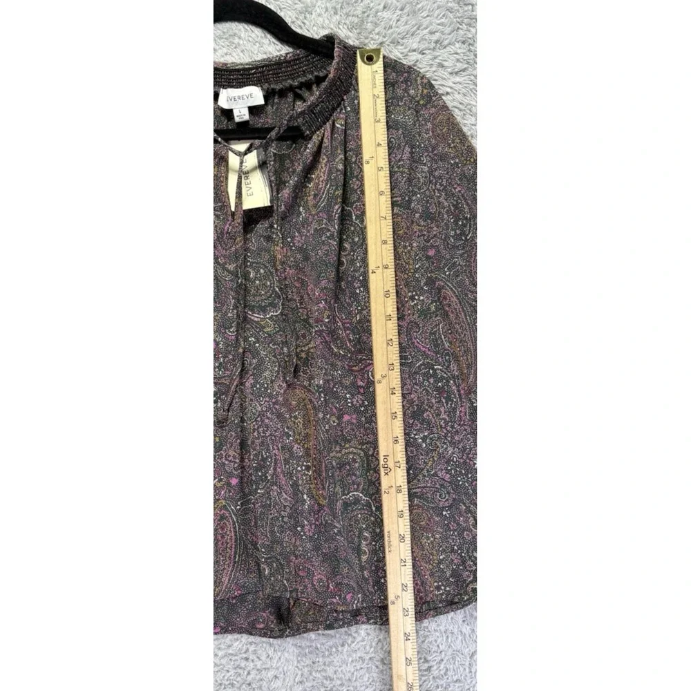 NEW Evereve Womens L Kyra Paisley Blouse Smocked V Neck Balloon Sleeve Boho USA